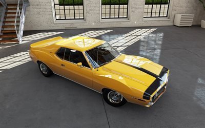 AMC Javelin, yellow coupe, exterior, front view, muscle car, american retro cars
