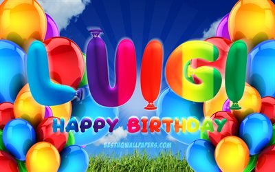 Luigi Happy Birthday, 4k, cloudy sky background, popular italian male names, Birthday Party, colorful ballons, Luigi name, Happy Birthday Luigi, Birthday concept, Luigi Birthday, Luigi