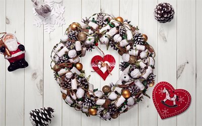 Christmas wreath, Happy New Year, white wooden background, snowflakes, red heart, Santa Claus, white Christmas wreath