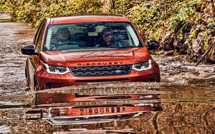 4k, Land Rover Discovery Sport, off-road, 2019 voitures, L550, royaume-UNI-spec, voiture dans la rivi&#232;re, 2019 Land Rover Discovery Sport, Land Rover