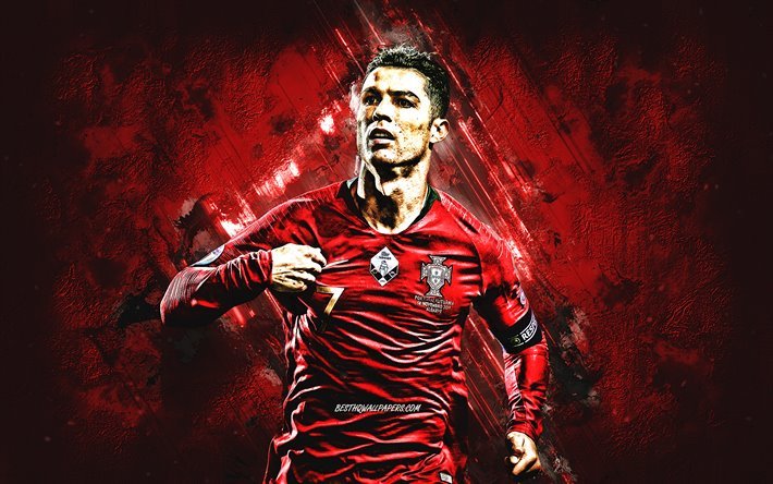 Cristiano Ronaldo, Portugal equipa de futebol nacional, CR7, Futebolista portugu&#234;s, pedra vermelha de fundo, futebol, arte criativa