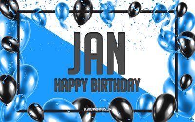 Happy Birthday Jan, Birthday Balloons Background, Jan, wallpapers with names, Jan Happy Birthday, Blue Balloons Birthday Background, greeting card, Jan Birthday