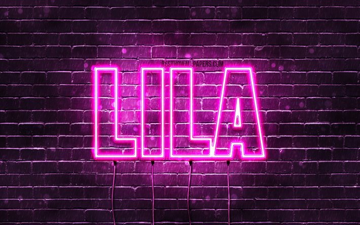Lila, 4k, Lila ismi ile isimleri, Bayan isimleri, adı Lila, mor, neon ışıkları, yatay metin, resim ile duvar kağıtları