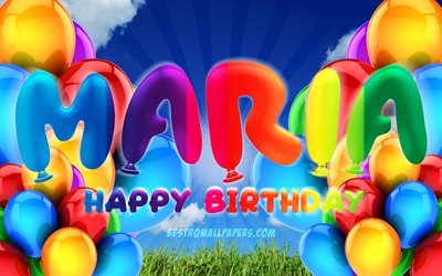 マリアお誕生日おめで, 4k, 曇天の背景, 人気のイタリア女性の名前, 誕生パーティー, カラフルなballons, マリア名, お誕生日おめマリア, 誕生日プ, マリアの誕生日, マリア