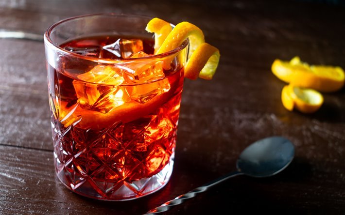 Negroni Cocktail, 4k, macro, cocktails, glass with drink, Negroni, Glass with Negroni
