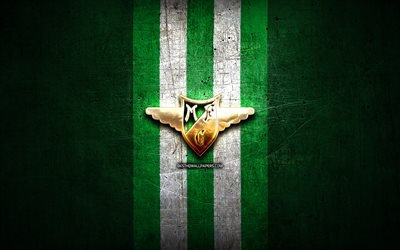 Moreirense FC, golden logo, Primeira Liga, green metal background, football, FC Moreirense, portuguese football club, Moreirense logo, soccer, Portugal