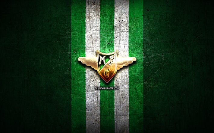 Moreirense FC, golden logo, Primeira Liga, green metal background, football, FC Moreirense, portuguese football club, Moreirense logo, soccer, Portugal