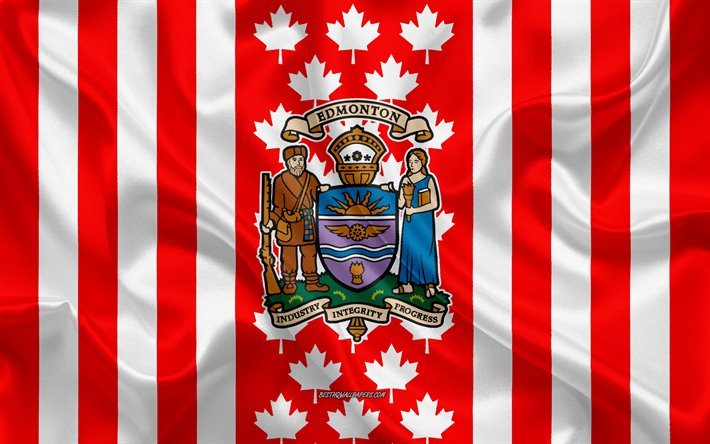 Bras&#227;o de armas da cidade de Edmonton, Bandeira canadense, textura de seda, Edmonton, Canad&#225;, Selo de Edmonton, Canadense s&#237;mbolos nacionais