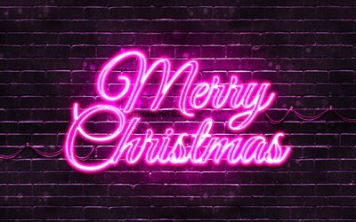 Purple neon Merry Christmas, 4k, purple brickwall, Happy New Years Concept, Purple Merry Christmas, creative, Christmas decorations, Merry Christmas, xmas decorations
