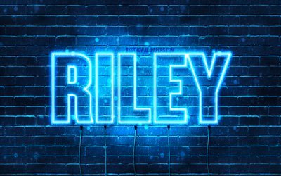 Riley, 4k, taustakuvia nimet, vaakasuuntainen teksti, Riley nimi, blue neon valot, kuva Riley nimi