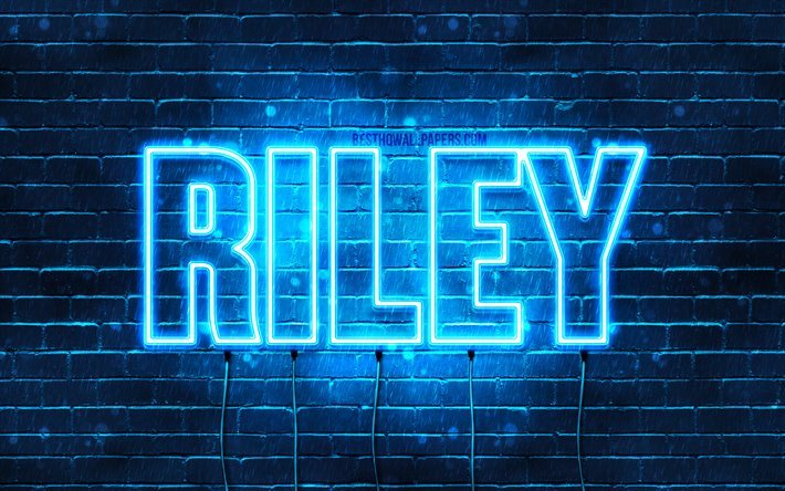 Riley, 4k, pap&#233;is de parede com os nomes de, texto horizontal, Riley nome, luzes de neon azuis, imagem com Riley nome