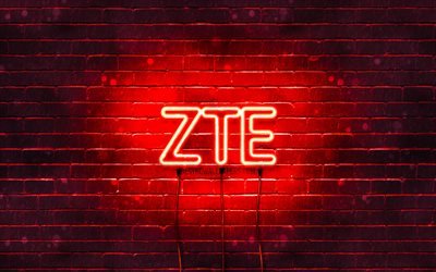 ZTE logo rosso, 4k, rosso, brickwall, ZTE, i logo, i marchi, ZTE neon logo