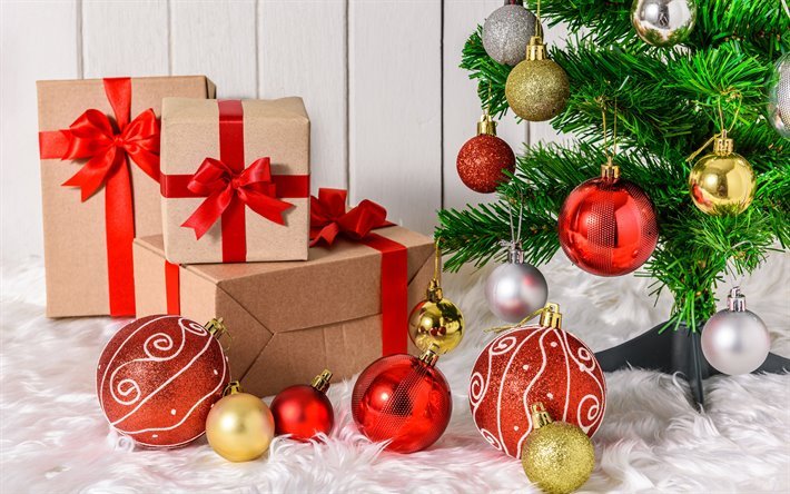 Navidad, regalos, cajas con seda roja arcos, feliz Navidad, Feliz A&#241;o Nuevo, invierno, nieve, bolas de navidad rojo