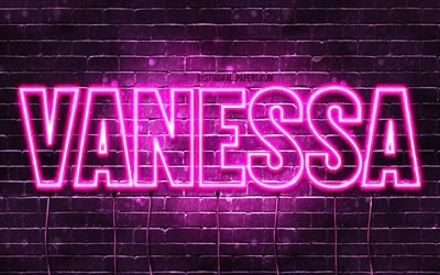 Vanessa, 4k, tapeter med namn, kvinnliga namn, Vanessa namn, lila neon lights, &#246;vergripande text, bild med Vanessa namn
