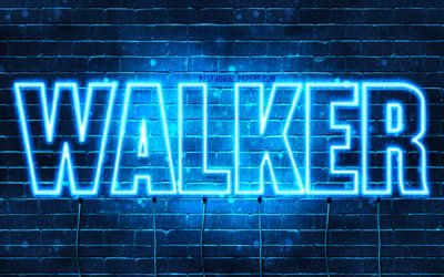 Walker, 4k, les papiers peints avec les noms, le texte horizontal, Walker nom, bleu n&#233;on, une photo avec le nom de Walker