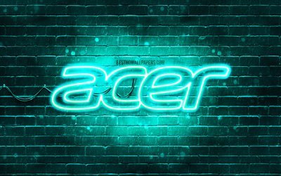 Acer turkuaz logo, 4k, turkuaz brickwall, Acer logo, marka, Acer, neon logo