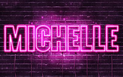 Michelle, 4k, isimler Michelle adıyla, Bayan isimleri, Michelle adı, mor neon ışıkları, yatay metin, resim ile duvar kağıtları