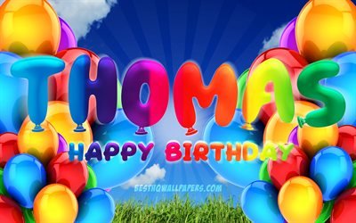 Thomas Happy Birthday, 4k, cloudy sky background, popular italian male names, Birthday Party, colorful ballons, Thomas name, Happy Birthday Thomas, Birthday concept, Thomas Birthday, Thomas
