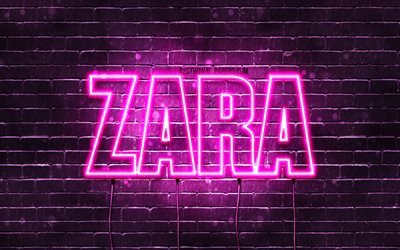 Zara, 4k, fondos de pantalla con los nombres, los nombres femeninos, Zara nombre, p&#250;rpura luces de ne&#243;n, el texto horizontal, imagen con el nombre de Zara