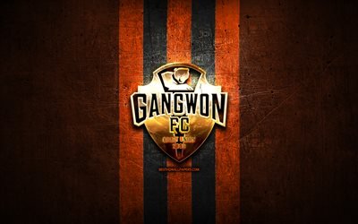 Gangwon FC, golden logo, K League 1, orange metal background, football, FC Gangwon, South Korean football club, Gangwon logo, soccer, South Korea