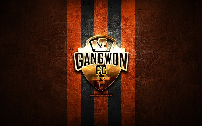 Gangwon FC, ouro logotipo, K League 1, laranja metal de fundo, futebol, FC Gangwon, Coreia do sul futebol clube, Gangwon logotipo, Coreia Do Sul