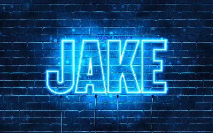 Jake, 4k, les papiers peints avec les noms, le texte horizontal, Jake nom, bleu n&#233;on, une photo avec le nom de Jake