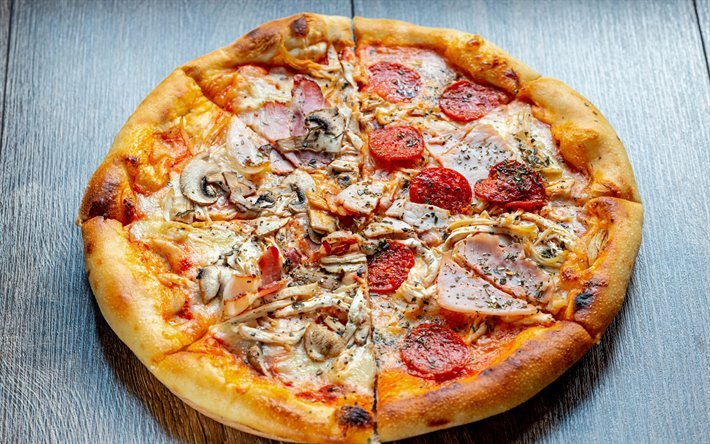 pizza, comida rápida, pizza com linguiça e cogumelos, carne, comida deliciosa