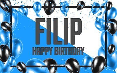 お誕生日おめでフィリップ, お誕生日の風船の背景, フィリップ, 壁紙名, フィリップお誕生日おめで, 青球誕生の背景, ご挨拶カード, フィリップ誕生日