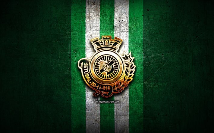 Vitoria Setubal FC, golden logo, Primeira Liga, green metal background, football, Vitoria Setubal, portuguese football club, Vitoria Setubal logo, soccer, Portugal