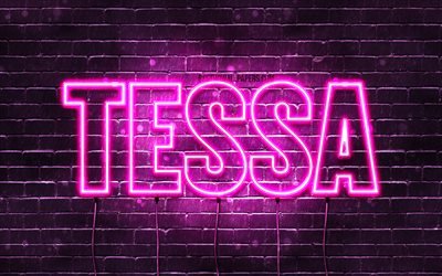 Tessa, 4k, wallpapers with names, female names, Tessa name, purple neon lights, horizontal text, picture with Tessa name