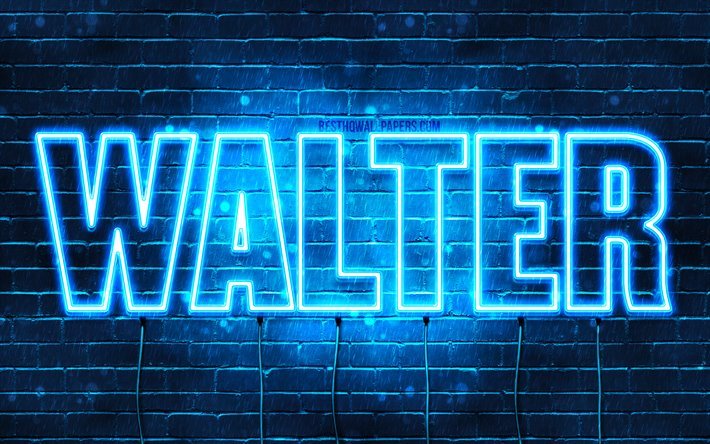 Walter, 4k, pap&#233;is de parede com os nomes de, texto horizontal, Walter nome, luzes de neon azuis, imagem com Walter nome