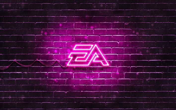 EA Games viola logo, 4k, viola brickwall, logo EA Games, Electronic Arts, creative, Giochi di EA neon logo, EA Games