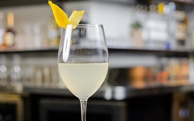 French 75 cocktail, gin, champagne, lemon juice, glass, different drinks