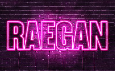 Raegan, 4k, taustakuvia nimet, naisten nimi&#228;, Raegan nimi, violetti neon valot, vaakasuuntainen teksti, kuva Raegan nimi