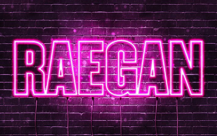 Raegan, 4k, pap&#233;is de parede com os nomes de, nomes femininos, Raegan nome, roxo luzes de neon, texto horizontal, imagem com Raegan nome