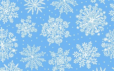 blue winter texture, blue background with white snowflakes, winter texture, Happy New Year, winter background, white snowflakes