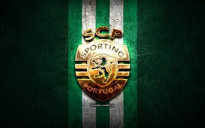 Sporting FC, golden logo, Primeira Liga, green metal background, football, Sporting SP, portuguese football club, Sporting logo, soccer, Portugal