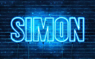 Simon, 4k, les papiers peints avec les noms, le texte horizontal, Simon nom, bleu n&#233;on, une photo avec le nom de Simon