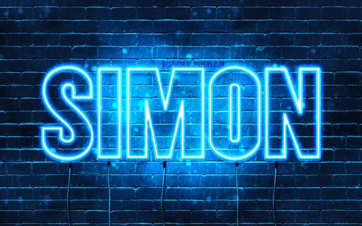Simon, 4k, fondos de pantalla con los nombres, el texto horizontal, Simon nombre, luces azules de ne&#243;n, de la imagen con el nombre de Sim&#243;n