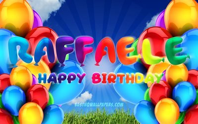 ラファエル-お誕生日おめで, 4k, 曇天の背景, 人気のイタリア男性の名前, 誕生パーティー, カラフルなballons, ラファエル-名前, お誕生日おめでラファエル-, 誕生日プ, ラファエル-誕生日, ラファエル-
