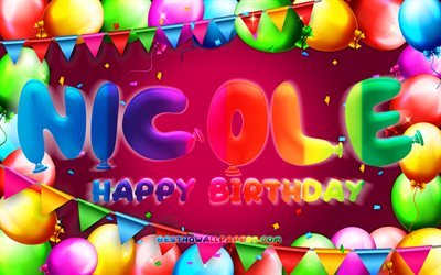 お誕生日おめでニコール, 4k, カラフルバルーンフレーム, 女性の名前, ニコル名, 紫色の背景, ニコール-お誕生日おめで, ニコール-誕生日, 人気のイタリア女性の名前, 誕生日プ, ニコール