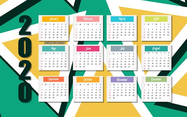 2020 vert-jaune calendrier, 2020, tous les mois, papier d&#39;art, 2020 Calendrier, 2020 concepts, 2020 r&#233;tro calendrier