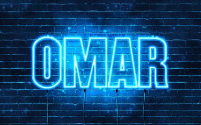 Omar, 4k, pap&#233;is de parede com os nomes de, texto horizontal, Omar nome, luzes de neon azuis, imagem com Omar nome