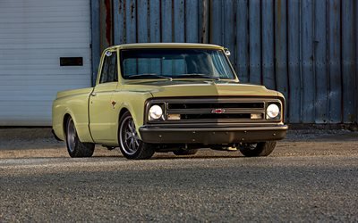 Chevrolet C10, exterior, front view, yellow pickup, american retro cars, yellow C10, Chevrolet, Chevy