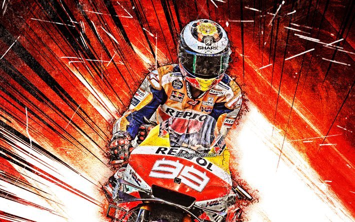 Jorge Lorenzo en MotoGP, grunge art, 2019 motos, Honda RC213V, orange abstraite rayons, Jorge Lorenzo Guerrero, v&#233;los de course, Repsol Honda Team, Honda