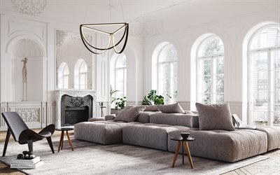 white living room, classic style, gray sofa, classic style fireplace, white columns in the living room