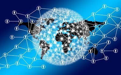 社会的ネットワークの概念, 近代的な技術, インターネットの概念, ネットワーク, 白ボール3d, 青い背景技術, 世界地図