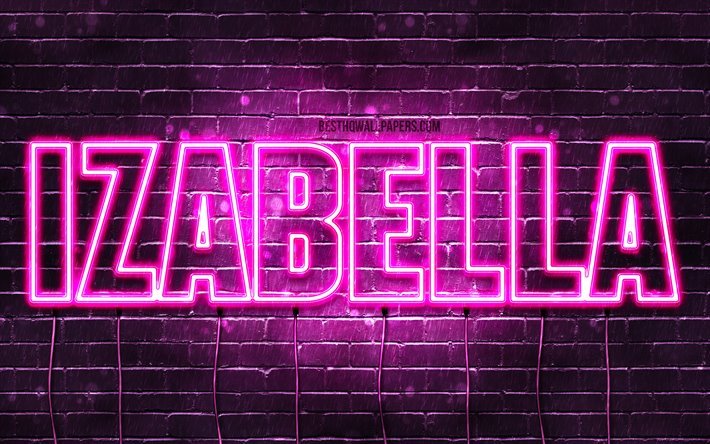 Izabella, 4k, wallpapers with names, female names, Izabella name, purple neon lights, horizontal text, picture with Izabella name