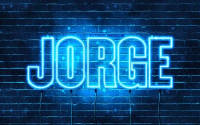 Jorge, 4k, taustakuvia nimet, vaakasuuntainen teksti, Jorge nimi, blue neon valot, kuva Jorge nimi