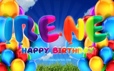 Irene Happy Birthday, 4k, cloudy sky background, popular italian female names, Birthday Party, colorful ballons, Irene name, Happy Birthday Irene, Birthday concept, Irene Birthday, Irene